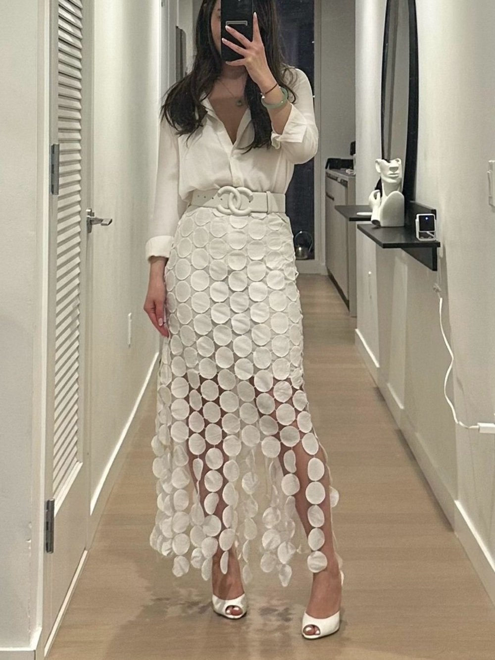 White Circle Appliqué Midi Skirt